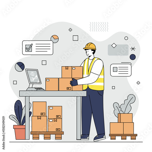 Warehouse worker organizing boxes at a desk with computer  