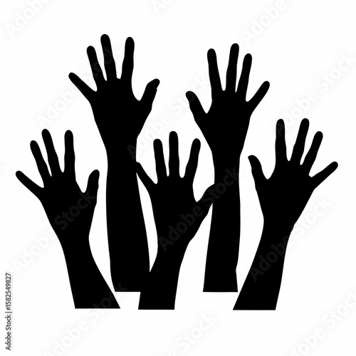 Silhouette of multiple hands reaching up representing unity support participation volunteering community involvement and raising awareness for