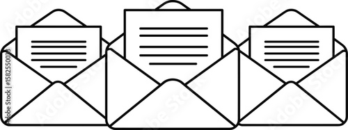 Envelope icons cad drawing flat vector illustration, three open envelopes with visible letters and text lines, front view communication layout