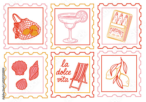 SET OF MEDITERANEAN, ITALIAN STAMPS STYLE DOLCE VITA WITH SUMMER BEACH ELEMENTS