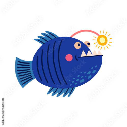 Funny toothy fish with lanterns in its forehead. Blue Anglerfish. Cute predatory fish for the design of children's rooms, textiles, books and cards. Marine inhabitant on a light isolated background.