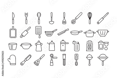 Set of kitchen utensils and cooking tools icons line art vector design