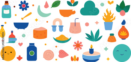 Vector art of a collection of colorful spa and wellness icons, including bottles, plants, and happy faces.
