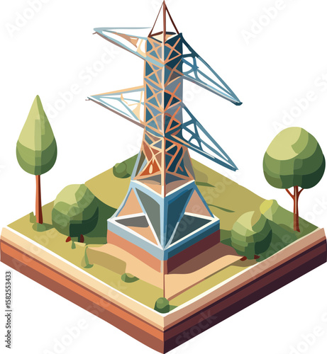 Isometric Power Transmission Tower in Green Landscape – 3D Illustration