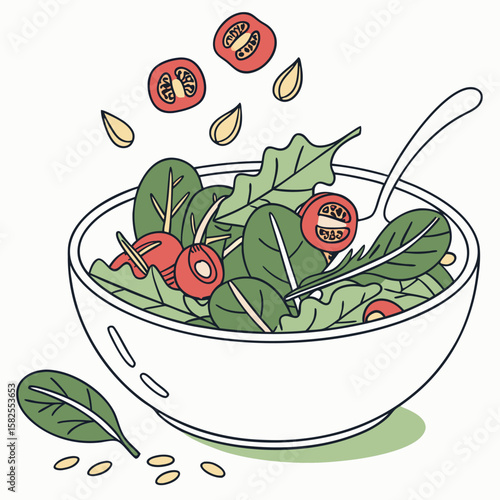 A bowl of fresh salad with spinach leaves tomatoes seeds and a spoon ready to be served and enjoyed now