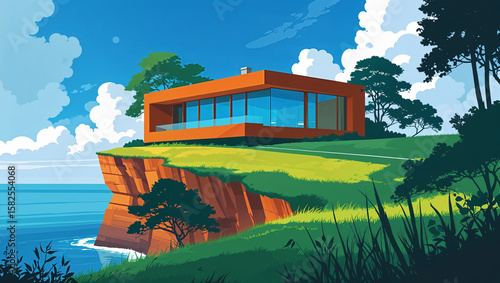 Modern minimalist house perched on a cliffside overlooking the ocean with lush surroundings