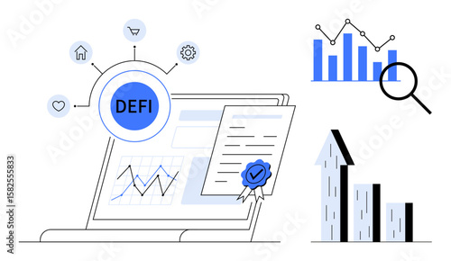 Laptop displaying financial graphs, certification with a seal, decentralized finance icon, and analytics charts. Ideal for fintech, investment, blockchain, technology, strategy education simple