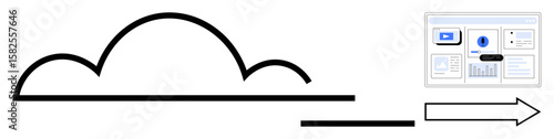 Cloud with arrow pointing to multi-screen dashboard displaying charts and graphs. Ideal for data management, cloud technology, analytics, information sharing, software solutions, remote processing