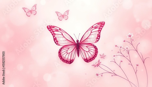 Elegant Pink Butterfly Illustration with Floral Elements and Soft Bokeh Effect