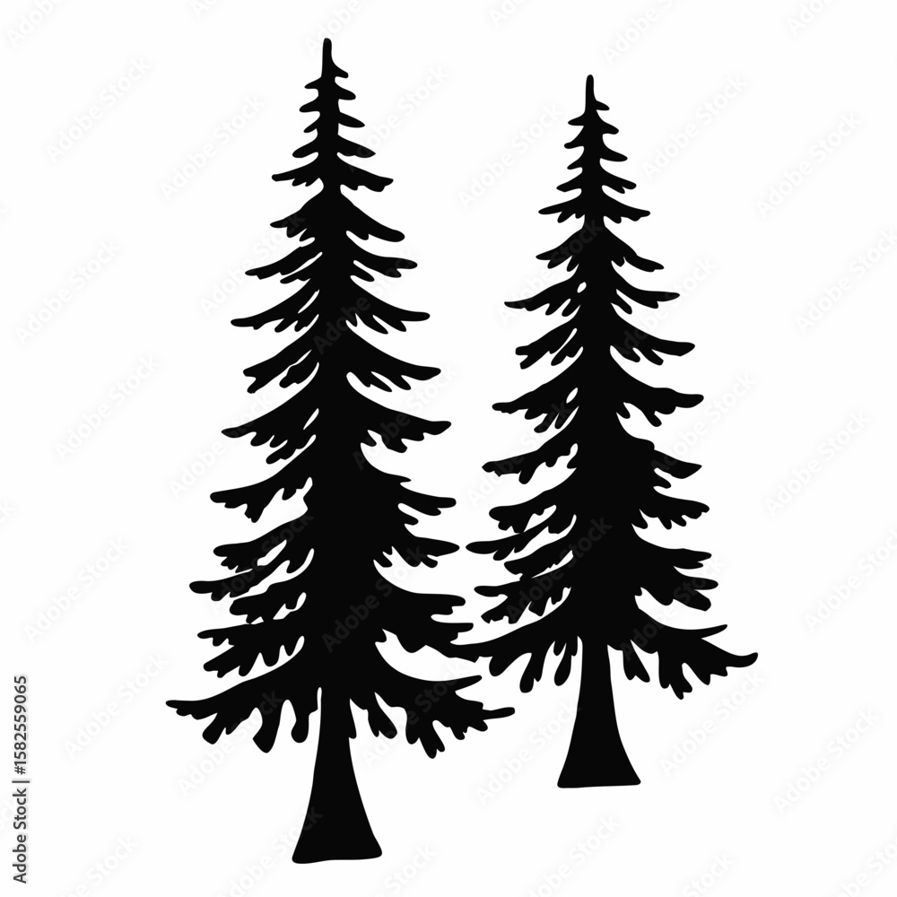 Obraz premium Silhouette of two evergreen trees perfect for a forest or nature themed design element or logo
