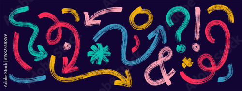 Set of colorful geometric shapes, curls, waves arrows. Squiggle lines, curly brush strokes with hand drawn grunge texture. Text marks, symbols.