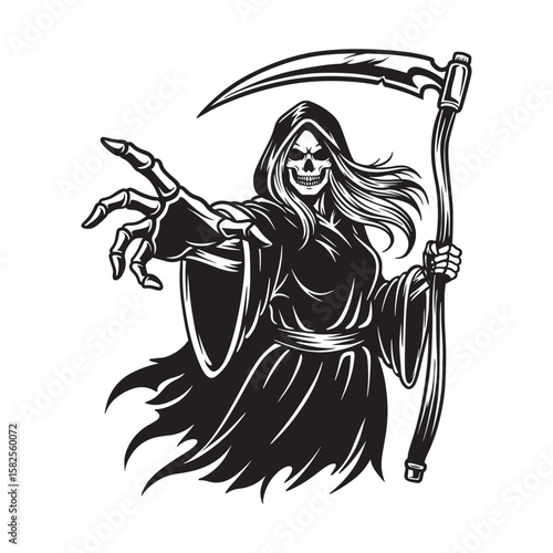 Female Grim Reaper, Skeleton Woman with Scythe, Creepy Death Character, Halloween Skull Line Art