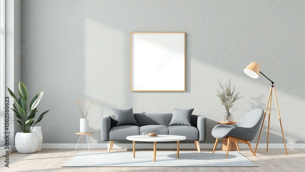 Obraz premium Modern living room with gray sofa accent chair and blank picture frame