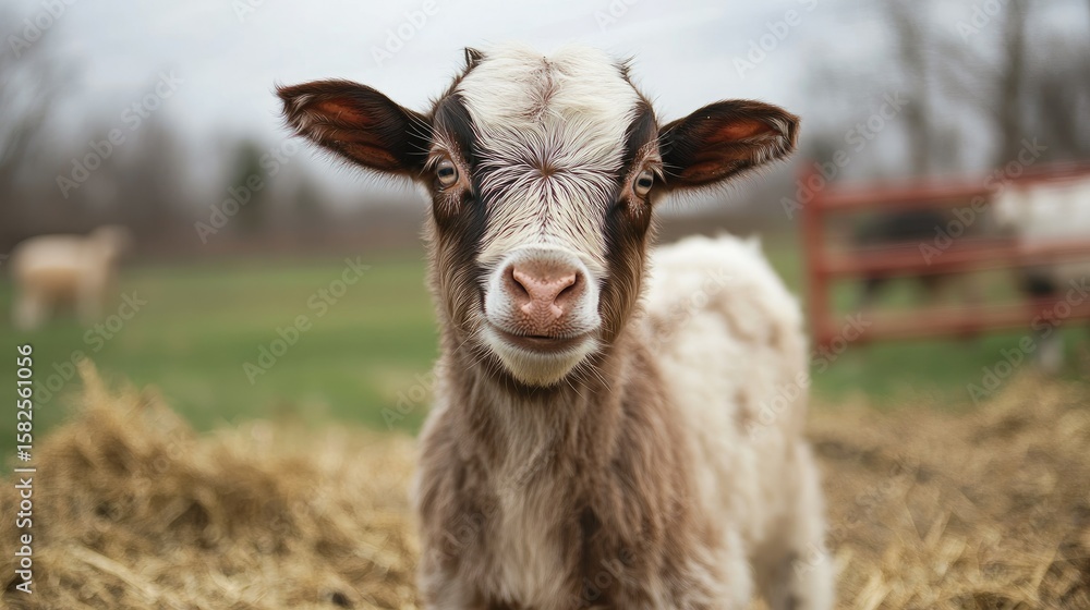 Fototapeta premium Adorable Baby Goat in Hayfield