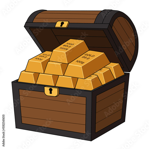A richly illustrated wooden chest is overflowing with gleaming gold bars, promising wealth and treasure, ideal for game assets or financial concepts.