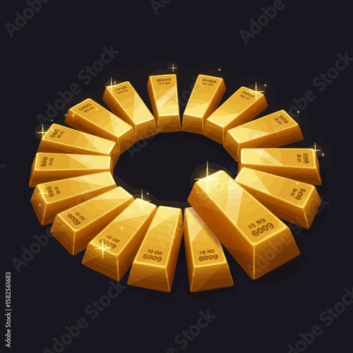 A radiant circular arrangement of gleaming gold bars symbolizes wealth, investment, and financial prosperity on a dark, luxurious background.