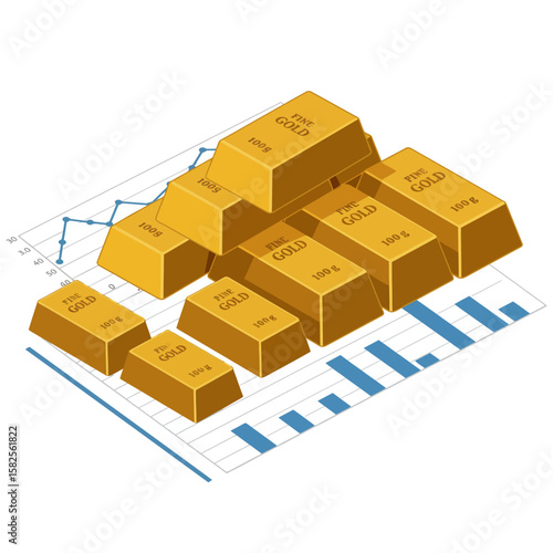 Golden ingots are stacked on financial charts, representing wealth accumulation and investment growth in a prosperous economy.