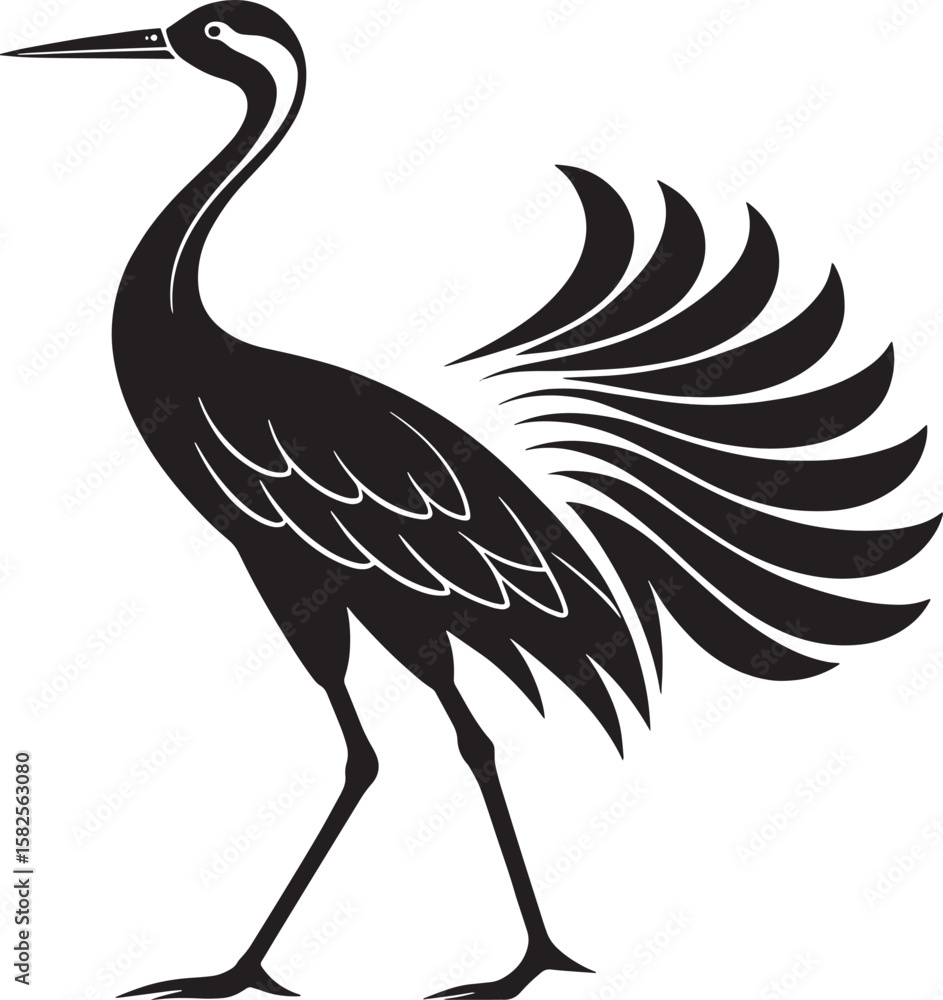 Fototapeta premium Black crane with stylized feathers bird white