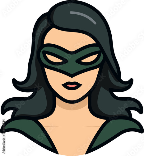 Illustrative Superheroine Icon with Mask and Flowing Hair