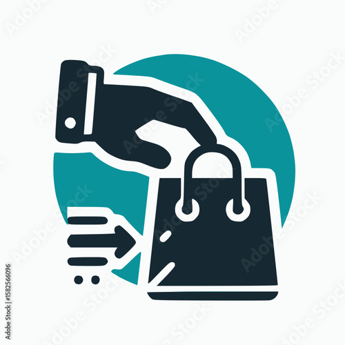 Click and collect icon showing a hand and shopping bag, solid teal and black color, white background