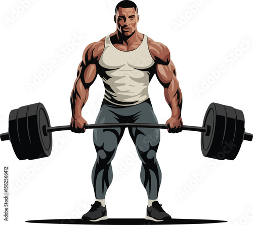 Muscular man with defined physique lifting heavy barbell in gym workout