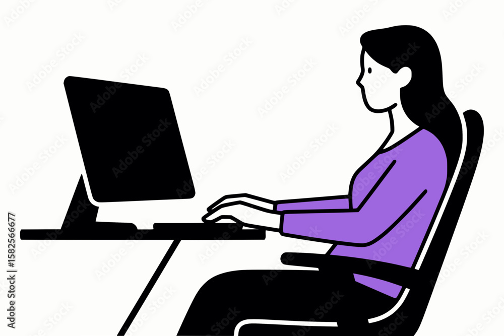 Woman at work typing on keyboard in modern office chair, black outline and solid purple fill,white background Woman at work typing on keyboard in modern office chair, black outline and solid purple fill,white background