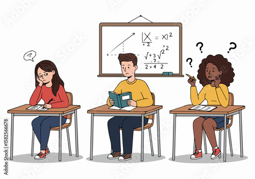 Illustration of diverse students struggling with a difficult math problem in a classroom, showing confusion and learning challenges.