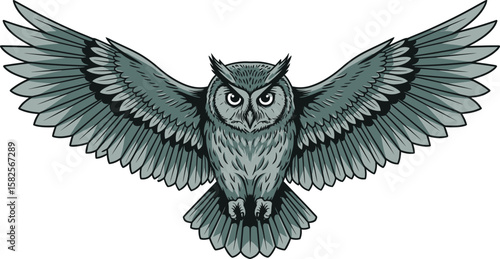 Striking grey illustration of a great horned owl with wings spread wide, presented on a transparent backdrop, perfect for various design applications.