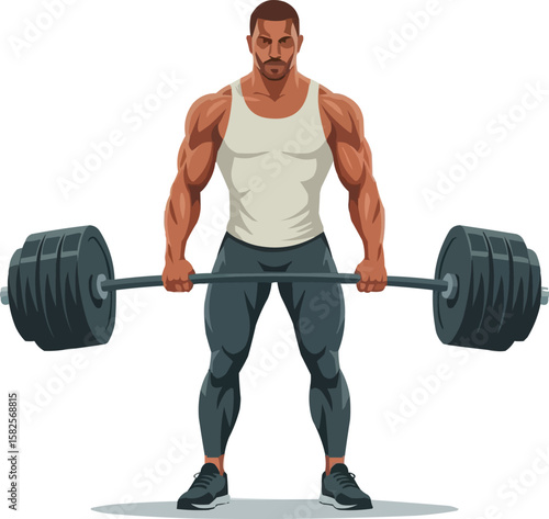 Muscular man performing a deadlift exercise with a heavy barbell