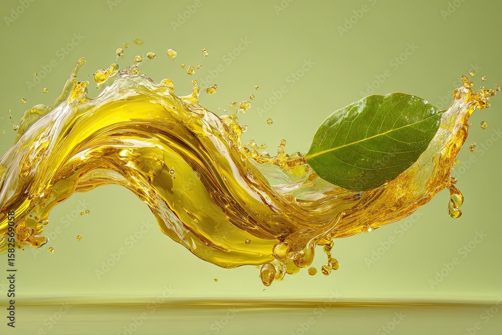 Fototapeta premium Amber liquid swirls elegantly, a single green leaf nestled within the dynamic splash against a muted green backdrop