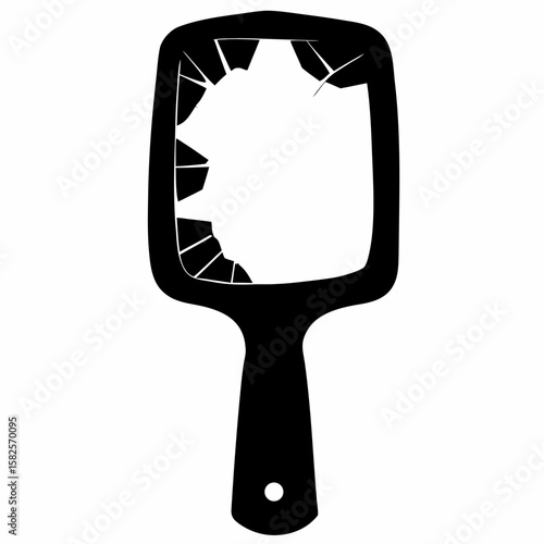 Black Silhouette of a Handheld Mirror with a Shattered Reflection on a White Background