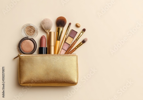 A gold cosmetic bag spills its contents makeup brushes, eyeshadow palette, lipstick, blush, and loose powder, arranged artfully on a beige background