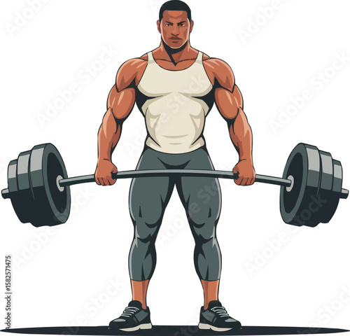 Muscular african american man performing a deadlift exercise with a loaded barbell