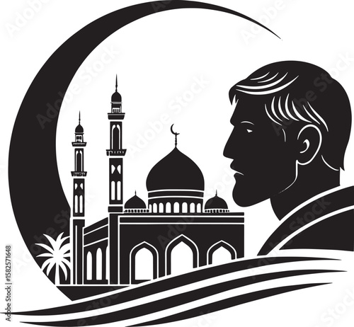 Islamic crescent moon with mosque and man silhouette