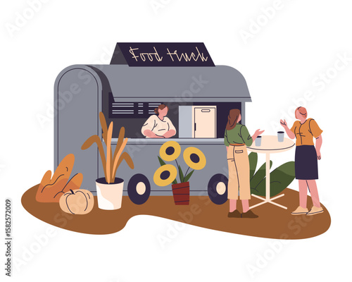 Autumn themed food truck, snack bar. Vector seasonal grocery retail shop on wheels. Cartoon counter with farm and garden harvest product for nutrition. Stand, display with fall organic, natural meal.