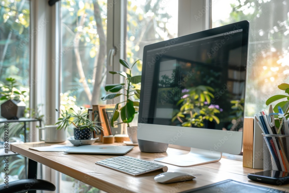 custom made wallpaper toronto digitalModern home office setup with greenery, natural light, and a desktop computer during the day