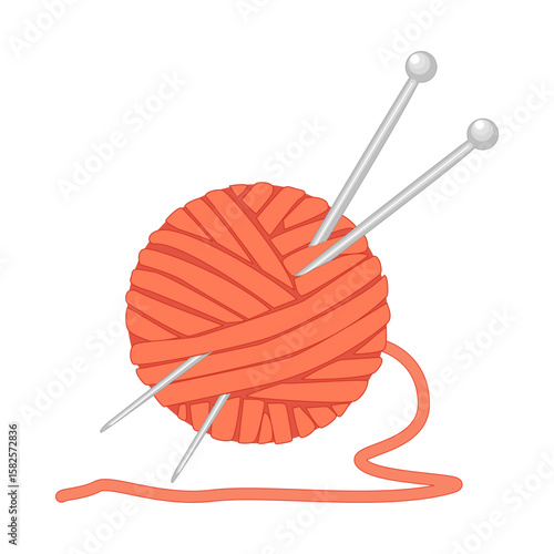 Ball of yarn and knitting needles isolated on white background. Skein of yarn with needles. Tools for knitwork, handicraft, crocheting, hand-knitting. Clews, skeins of wool. Hobby and handmade. Stock 