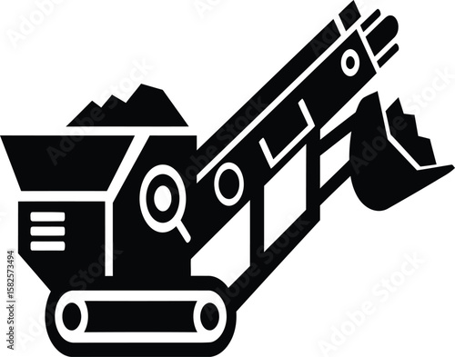 Silhouette of a mobile rock crusher with conveyor belt.