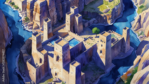 Watercolor illustration of an ancient fortress town built on the edge of a river canyon