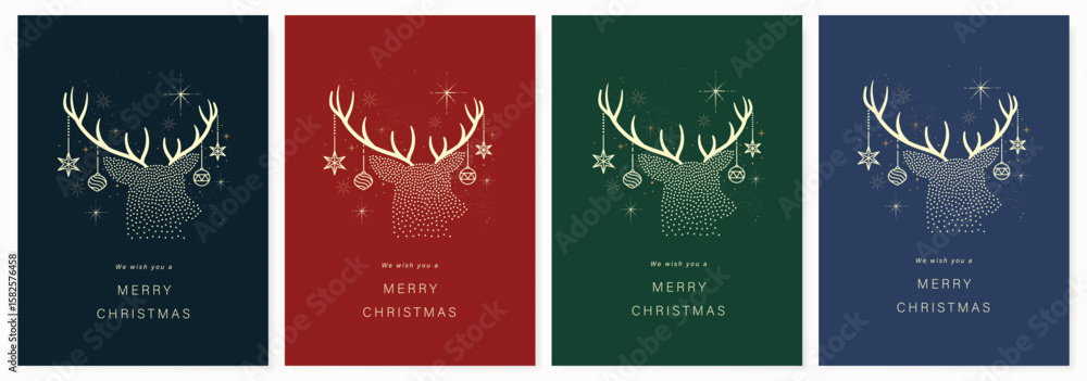 Naklejka premium Christmas and Happy Holidays invitation card design vector. Minimal Happy New Year , Reindeer, bauble ball on red, green and navy blue background. Design for Season's Greeting, Christmas, cover.