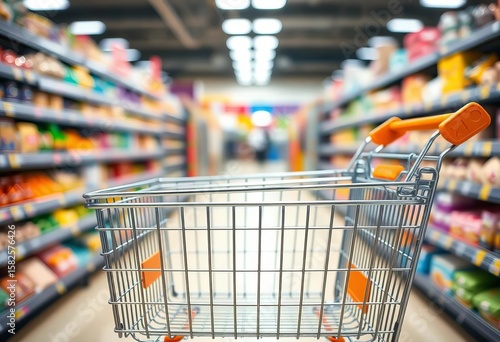 A completely empty grocery shopping cart, ready for filling, metal, wheels