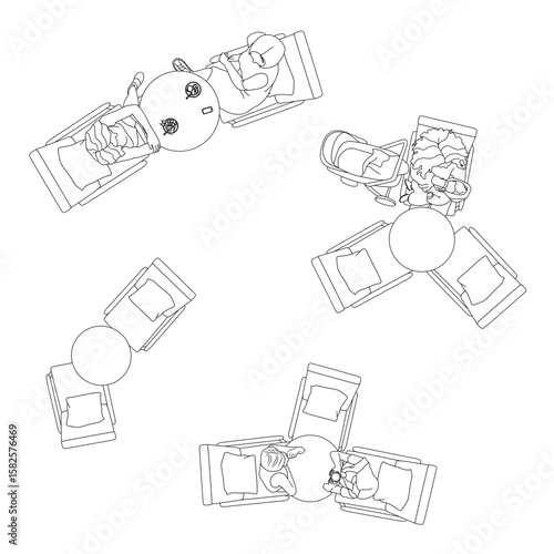 Vector Top View People Sitting at Café Tables Eating and Chatting in Coffee Shop Scene