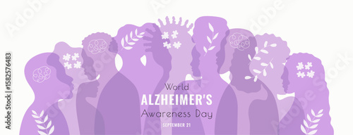 World Alzheimer's Day banner template with typography. Minimalist abstract silhouettes of people and plants. Brain Health and diseases concept. Violet background. Flat style.