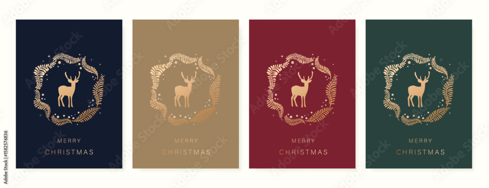 Fototapeta premium Christmas and Happy Holidays invitation card design vector. Minimal Happy New Year , Reindeer, leaves on red, green, brown and navy blue background. Design for Season's Greeting, Christmas, cover.
