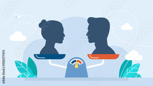 Man and woman on scales, family lawyer concept. Married couple problem, human rights sign. Gender business equality. Employee woman and man standing on balanced scales. Vector illustration
