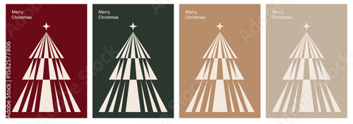 Christmas and Happy Holidays invitation card design vector. Minimal Happy New Year, Christmas tree on green red and beige background. Design for Season's Greeting, Christmas, cover.