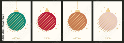 Christmas and Happy Holidays invitation card design vector. Minimal Happy New Year, Christmas bauble on beige background. Design for Season's Greeting, Christmas, cover.