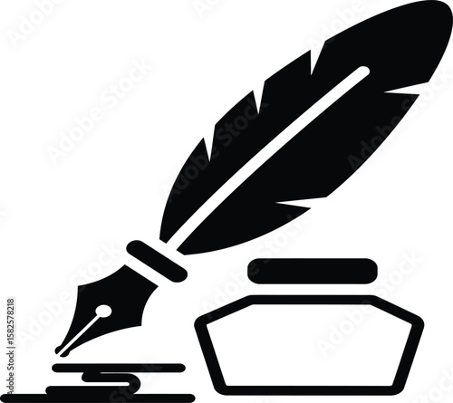 Black and white graphic of a quill pen dipping into an inkwell.