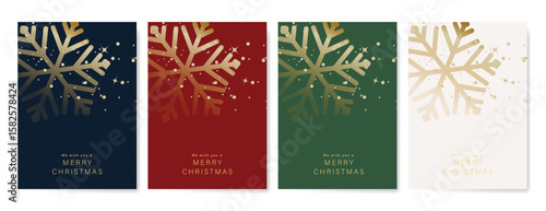 Christmas and Happy Holidays invitation card design vector. Minimal Happy New Year, Snowflake on green red beige and navy blue background. Design for Season's Greeting, Christmas, cover.