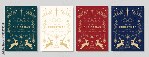 Christmas and Happy Holidays invitation card design vector. Minimal Happy New Year, Christmas bauble, reindeer on green red beige and blue background. Design for Season's Greeting, Christmas, cover.